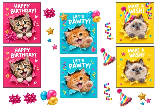 Funny Birthday Kittens Pawty Make A Wish 3D Decoupage Card Kit A4 Sheet   