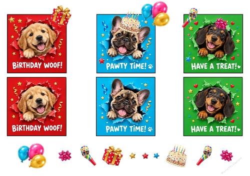 Funny Birthday Puppies Pawty Woof Treat 3D Decoupage Card Kit A4 Sheet