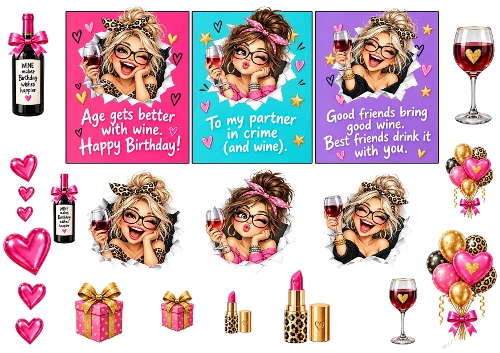 Title Funny Women Wine Birthday Partner In Crime 3D Decoupage Card Kit A4 Sheet