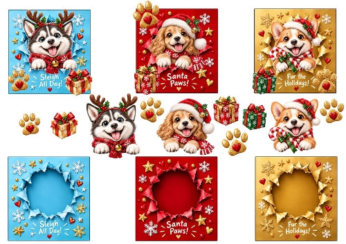 Funny Christmas Dogs Puppies Sleigh All Day Santa Paws 3D Decoupage Card Kit A4 Sheet   