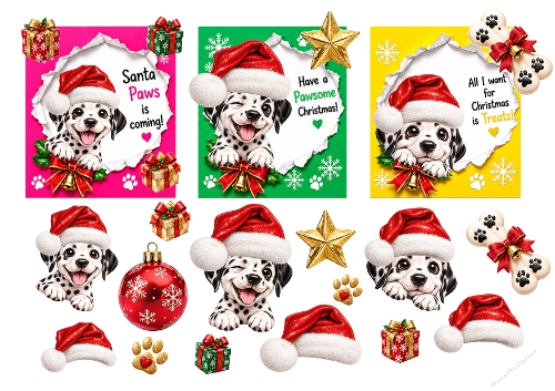 Funny Christmas Dalmatian Puppies Santa Paws 3D Decoupage Card Kit A4 Sheet   