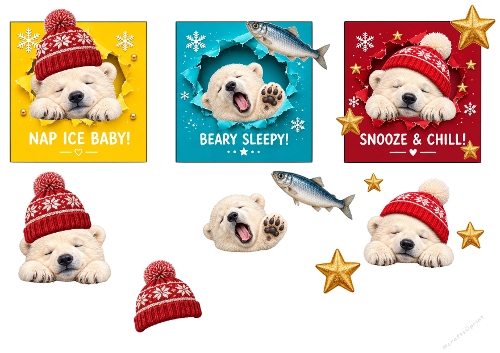 Cute Christmas Sleeping Polar Bear Nap Ice Baby 3D Decoupage Card Kit A4 Sheet