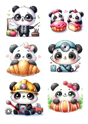 Six Cute Chibi Pandas in Professions – Doctor, Chef, Engineer, Nurse, Baker 