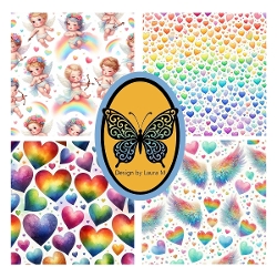 Cherubs & Rainbows 4-Panel Pattern Set – Hearts, Angel Wings & Pastel Designs Printable Art (1200x1200 px)