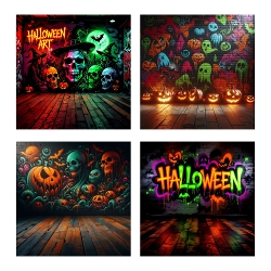 Halloween Graffiti Collage – 4 Vibrant Murals with Skulls, Pumpkins, Bats & Neon HALLOWEEN on Wood (1200x1200 px JPEG)