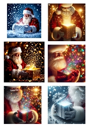 Festive Santa Claus Collage – Six Christmas Scenes with Presents, Glitter, Snow, and Lights Illustration