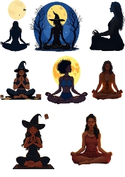 Eight Female Silhouettes in Yoga Poses – Witch, Bikini Woman, and Red Dress Lady on White Background, A4 Printable JPEG
