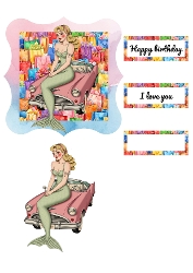 Retro Mermaid Birthday Card Clipart – Pin-Up Mermaid with Vintage Car and Gifts