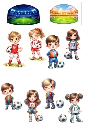 Cute Football Kids A4 3D Decoupage – Soccer Boys & Girls with Stadium Backgrounds