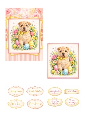 Cute Easter Puppy Card Kit – Adorable Dog with Easter Eggs, Floral Spring Illustration and Printable Sentiment Toppers