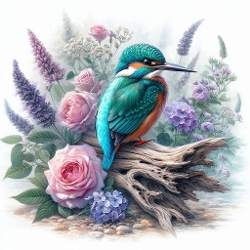 Watercolor Kingfisher With Flowers – 1024×1024 px Nature Illustration