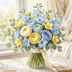Aquarelle Pastel Garden Bouquet Watercolor Soft Roses & Ranunculus