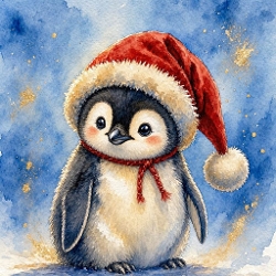 1024×1024 Watercolor Christmas Baby Penguin – Cute Winter Penguin with Santa Hat & Blue Festive Background