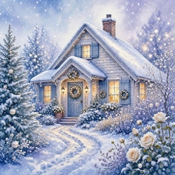 Winter Cottage Snowy Landscape Pattern 1024x1024 JPEG