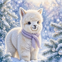 Seamless Aquarelle Frosted Winter Alpaca Pattern White Wool Lavender Scarf Snowy Evergreen Pearl Ornaments Blue Glow Sparkle 8K Premium Design