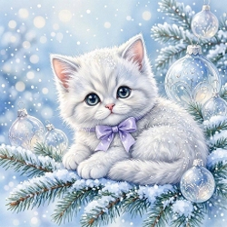 Seamless Aquarelle Frosted Winter Kitten Pattern White Fluffy Cat Lavender Bow Snowy Evergreen Crystal Ornaments Blue Glow Sparkle 8K Premium Design