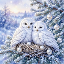 Seamless Aquarelle Frosted Winter Owls Pattern White Fluffy Pair Nest Snowy Pine Branches Silver Pearl Ornaments Soft Glow 8K Premium Design