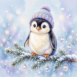 Seamless Aquarelle Frosted Winter Penguin Pattern Fluffy Baby Bird Lavender Knit Hat Snowy Evergreen Silver Ornaments Pastel Glow 8K Premium Design