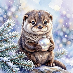Seamless Aquarelle Frosted Winter Otter Pattern Fluffy Baby Holding Silver Ornament Snowy Pine Branches Pastel Glow 8K Premium Design