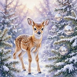 Seamless Aquarelle Frosted Winter Fawn Pattern Snowy Forest White‑Spotted Deer Evergreen Branches Silver Ornaments Warm Glow 8K Premium Design