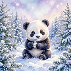 Seamless Aquarelle Frosted Winter Panda Pattern Fluffy Baby Holding Ornament Snowy Evergreens Silver White Baubles Pastel Sky Glow 8K Premium Design