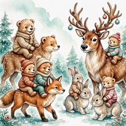 Watercolor Winter Animals – 1024×1024 Reindeer, Fox, & Teddy Bears Riding Scene