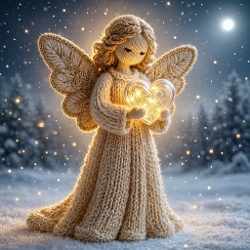 Knitted Winter Angel Holding a Glowing Heart – Luxury Handmade Holiday Illustration