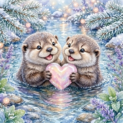 Winter Otter Love Scene – 1024×1024 Pastel Fantasy Illustration