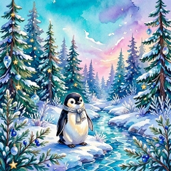 Winter Penguin Wonderland – Snowy Trees, Pastel Sky & Cozy Scarf (1024×1024 JPEG)