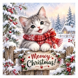 Watercolor Christmas Cat Meowy Christmas Card Illustration