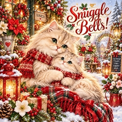Watercolor Christmas Persian Cat & Kitten Snuggle Bells Illustration