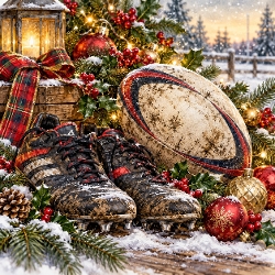 Watercolor Christmas Rugby Ball & Cleats Muddy Field Winter Illustration