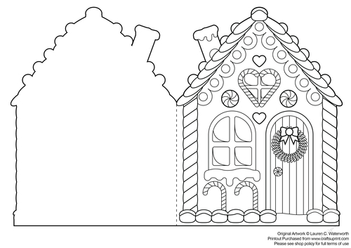 Christmas Gingerbread House Shaped Card - Line Art