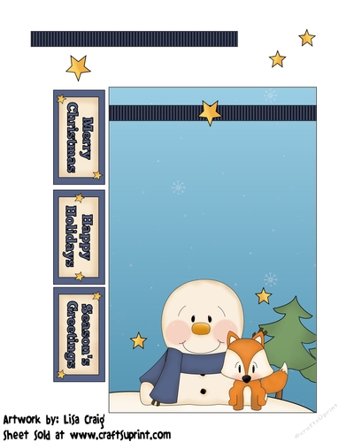 Winter Snowman + Fox Folded card Front