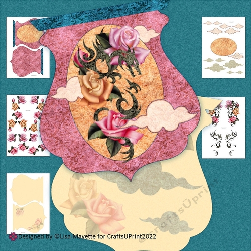 Dragon Roses Asian Damask Qua-trefoil Shaped Card Making Kit