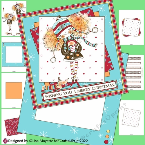 Happy Red Headed Girl & Ice Skating Dog Christmas Cad Making Kit