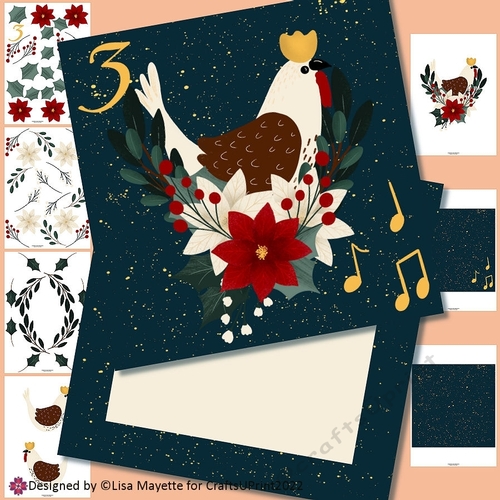 Folk Art 12 Days of Christmas Three Hens aLaying Card Making Kit