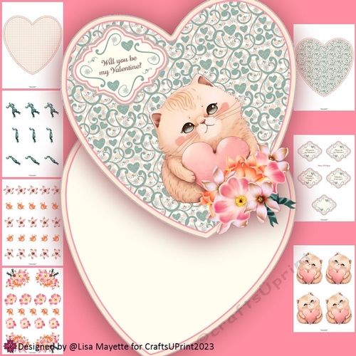 Sweet Chubby Kitty Valentine Hearts Shaped Card Making Kit
