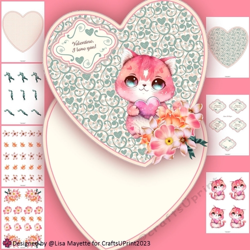 Sweet Pink Kitty Valentine Hearts Shaped Card Making Kit