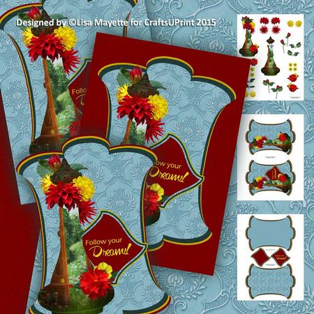 Genie Bottle Shaped Decoupage Dahlias Card Mini Kit