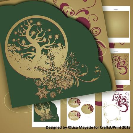 Green, Red & Gold Floral Silhouette Christmas Card Mini Kit