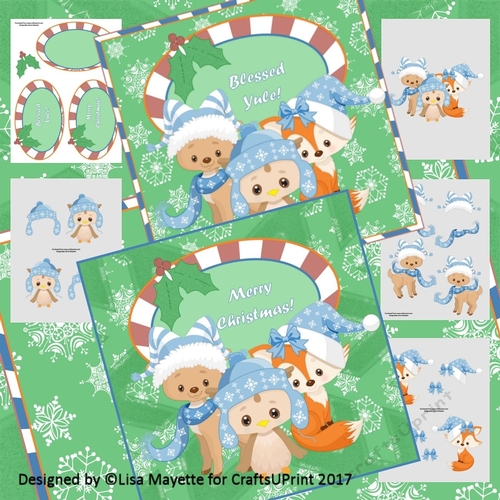 Blue Christmas Owl, Fox & Reindeer Friends Winter Snowflakes Decoupage Kit