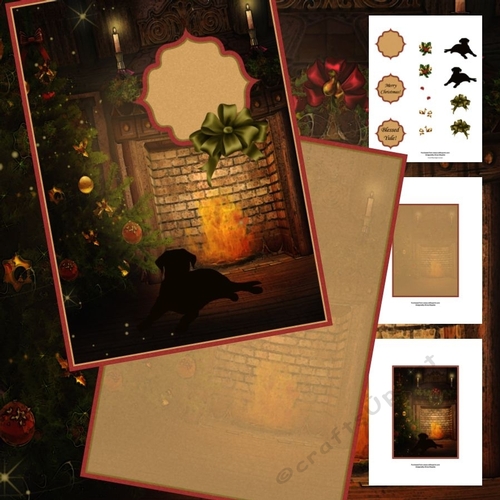 Warm Christmas Fireplace Dog Silhouette Decoupage Card Mini Kit