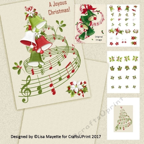 Vintage Style Christmas Bells & Tree Musical Floral Card Decoupage Mini Kit