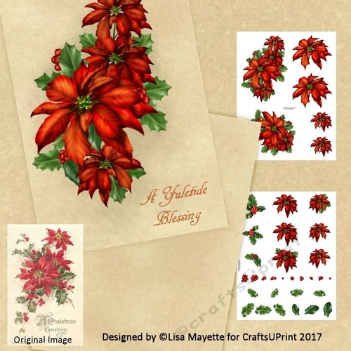 Vintage Style Red Poinsettias Floral Holiday Decoupage Card Making Mini Kit