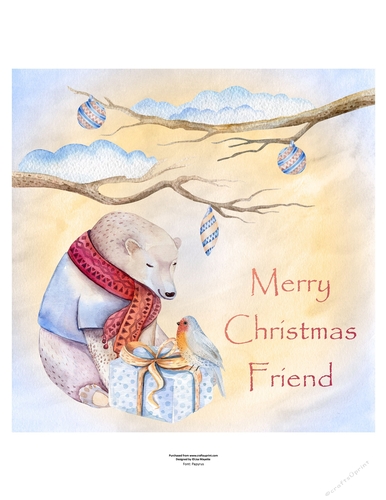 Winter Holiday Bear & Bird Watercolor Art Christmas Quick Card Topper
