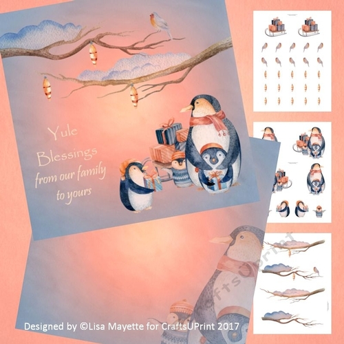Winter Holiday Penguins Watercolor Art Decoupage Card Making Mini Kit