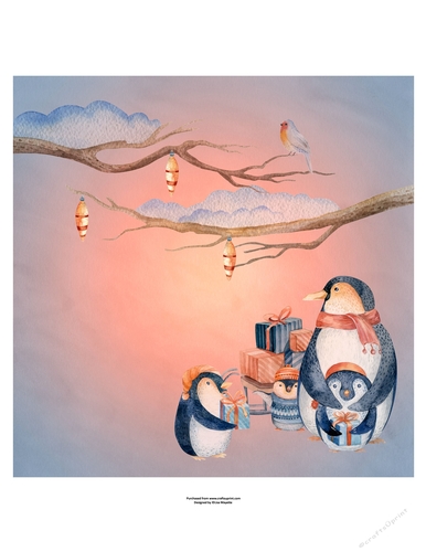 Winter Holiday Penguins Watercolor Art Quick Card Topper