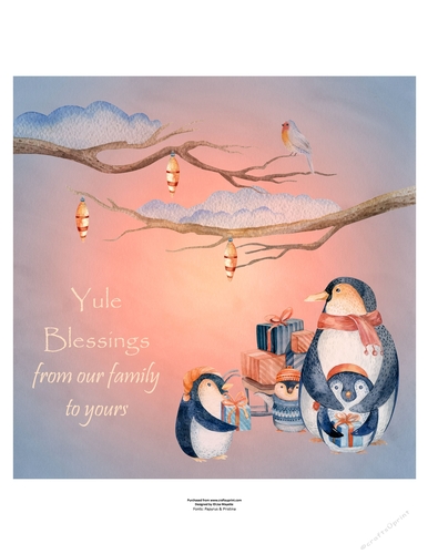 Winter Holiday Penguins Yule Watercolor Art Quick Card Topper