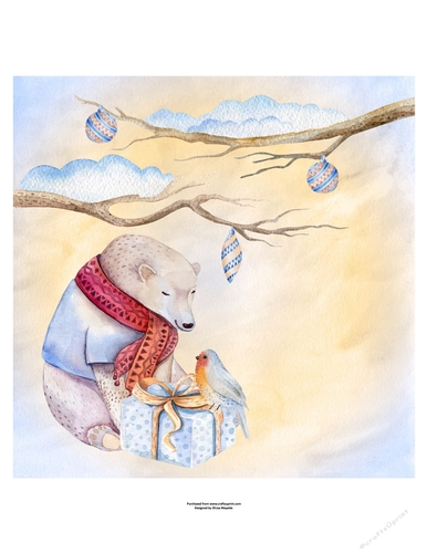 Winter Holiday Bear & Bird Watercolor Art Quick Card Topper